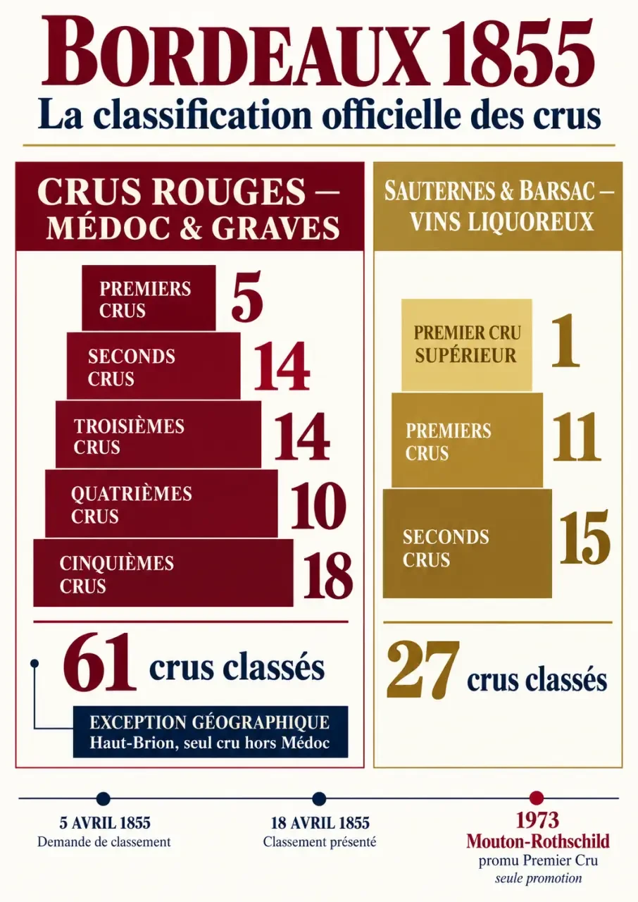 Infographie de la classification officielle des vins de Bordeaux de 1855, ses niveaux et ses dates clés