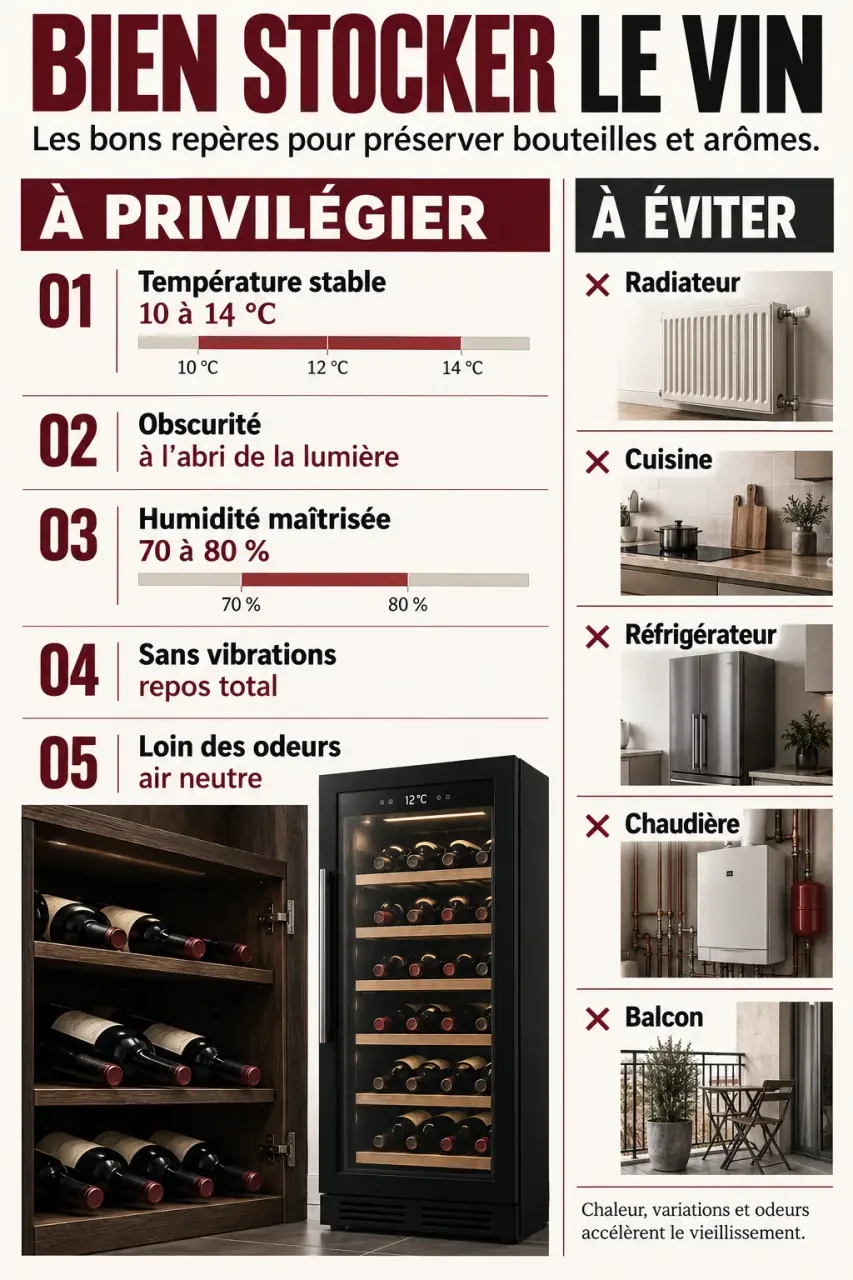 Infographie sur les bonnes conditions de stockage vin et les emplacements à éviter
