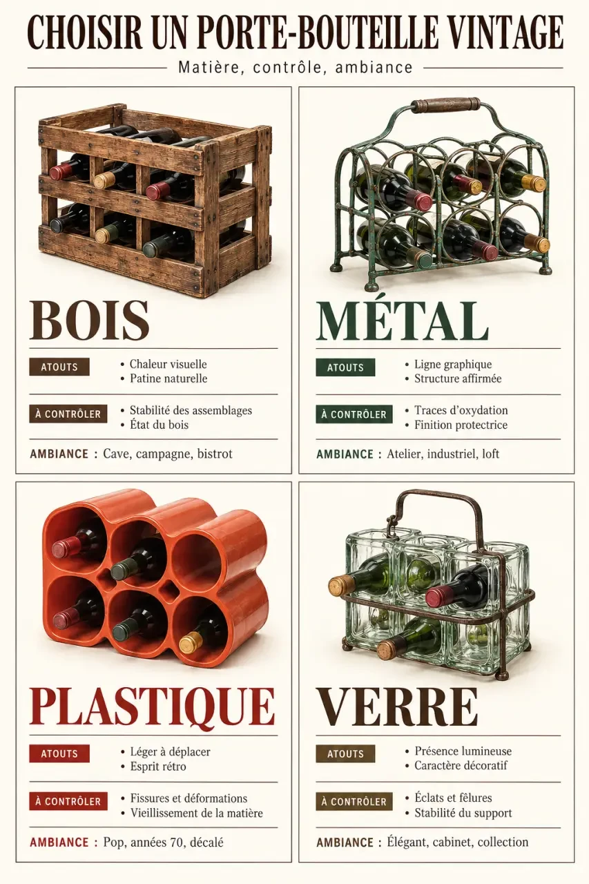 Infographie pour choisir un porte-bouteille vintage selon le matériau, l’entretien et le style décoratif