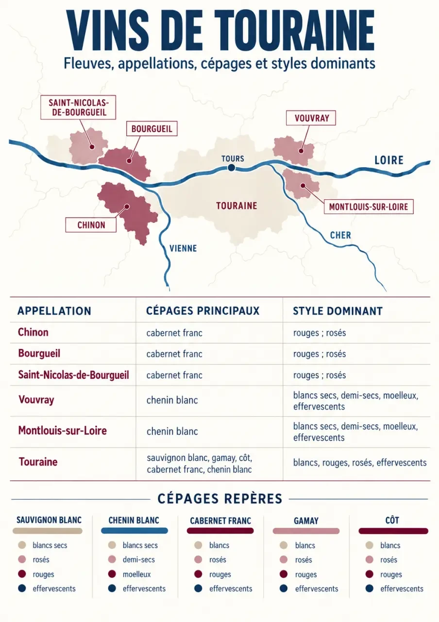 Infographie des appellations et cépages du vin de Touraine