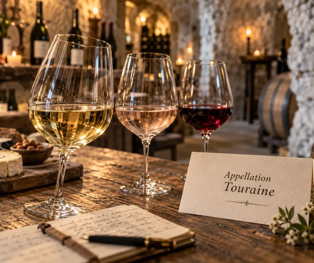 Vin de touraine en dégustation : blanc rosé rouge, verres et appelation Touraine