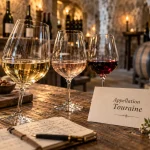 Vin de touraine en dégustation : blanc rosé rouge, verres et appelation Touraine